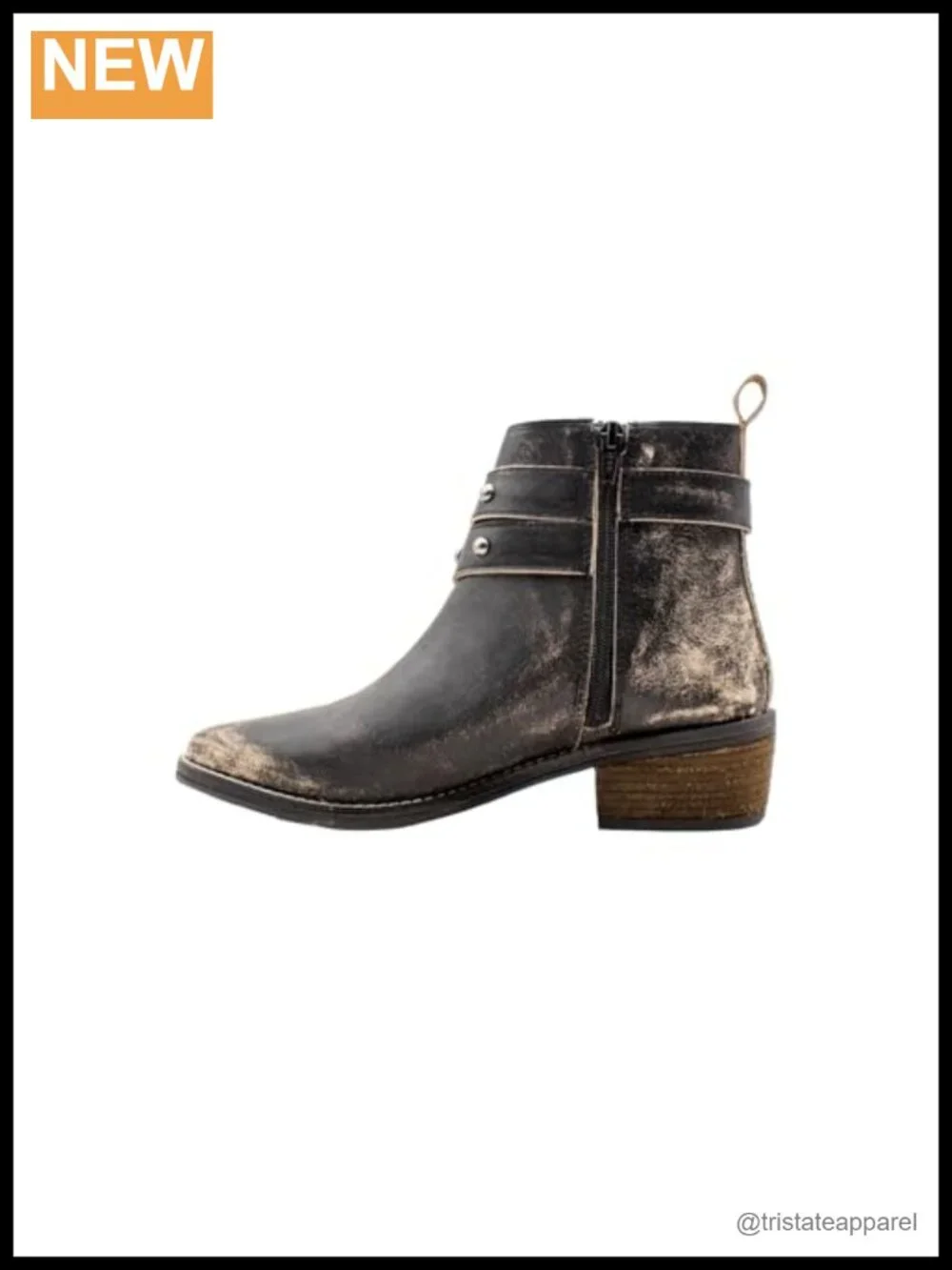 Distressed Leather Ankle Bootie with Stacked Heel, Pull-On